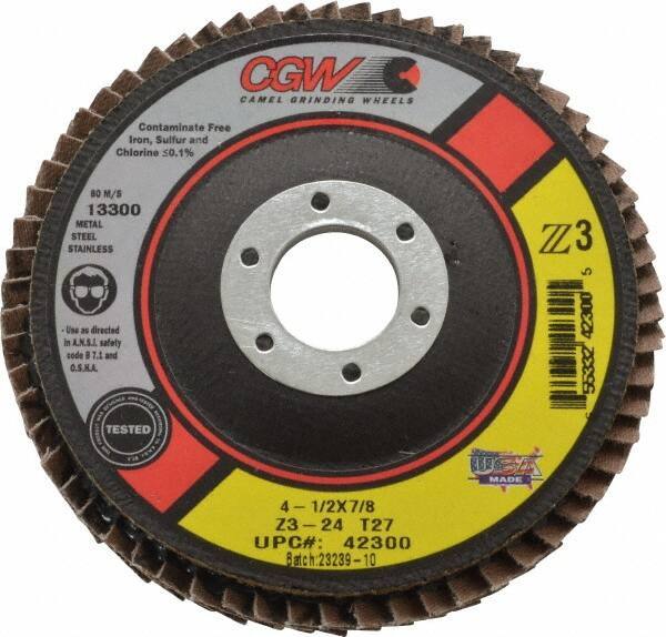 Camel Grinding Wheels - 24 Grit, 4-1/2" Disc Diam, 7/8" Center Hole, Type 27 Zirconia Alumina Flap Disc - 13,300 Max RPM, Poly Cotton Backing, Arbor Attaching System, Coated - USA Tool & Supply
