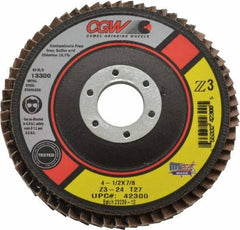 Camel Grinding Wheels - 24 Grit, 4-1/2" Disc Diam, 7/8" Center Hole, Type 27 Zirconia Alumina Flap Disc - 13,300 Max RPM, Poly Cotton Backing, Arbor Attaching System, Coated - USA Tool & Supply