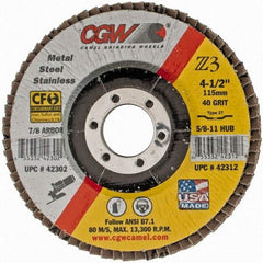Camel Grinding Wheels - 40 Grit, 4-1/2" Disc Diam, 7/8" Center Hole, Type 27 Zirconia Alumina Flap Disc - 13,300 Max RPM, Poly Cotton Backing, Arbor Attaching System, Coated - USA Tool & Supply