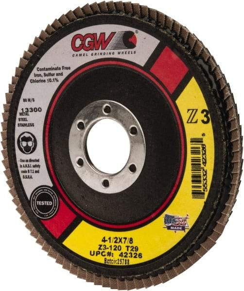 Camel Grinding Wheels - 120 Grit, 4-1/2" Disc Diam, 7/8" Center Hole, Type 29 Zirconia Alumina Flap Disc - 13,300 Max RPM, Poly Cotton Backing, Arbor Attaching System, Coated - USA Tool & Supply