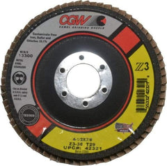 Camel Grinding Wheels - 36 Grit, 4-1/2" Disc Diam, 7/8" Center Hole, Type 29 Zirconia Alumina Flap Disc - 13,300 Max RPM, Poly Cotton Backing, Arbor Attaching System, Coated - USA Tool & Supply