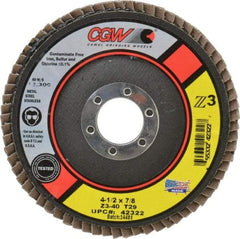 Camel Grinding Wheels - 40 Grit, 4-1/2" Disc Diam, 7/8" Center Hole, Type 29 Zirconia Alumina Flap Disc - 13,300 Max RPM, Poly Cotton Backing, Arbor Attaching System, Coated - USA Tool & Supply