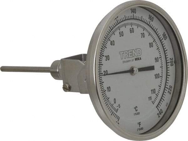 Wika - 4 Inch Long Stem, 5 Inch Dial Diameter, Stainless Steel, Adjustable Angle Bi-Metal Thermometer - -5 to 115°C, 1% Accuracy - USA Tool & Supply