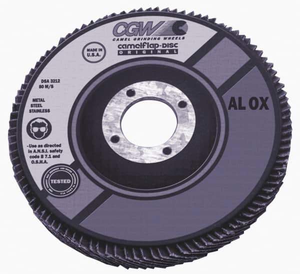 Camel Grinding Wheels - 40 Grit, 4" Disc Diam, 7/8" Center Hole, Type 27 Aluminum Oxide Flap Disc - 15,300 Max RPM, Polyester Backing, Arbor Attaching System, Coated - USA Tool & Supply