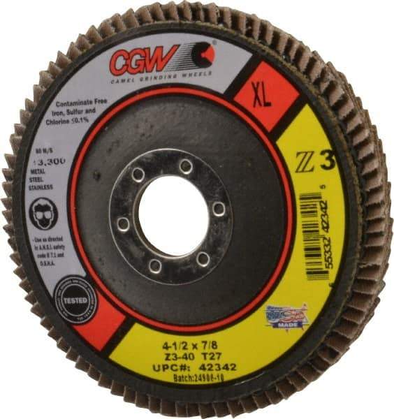 Camel Grinding Wheels - 40 Grit, 4-1/2" Disc Diam, 7/8" Center Hole, Type 27 Zirconia Alumina Flap Disc - 13,300 Max RPM, Poly Cotton Backing, Arbor Attaching System, Coated - USA Tool & Supply