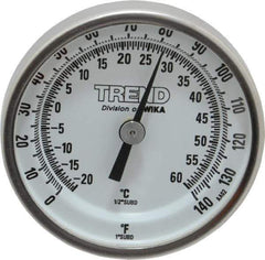 Wika - 2-1/2 Inch Long Stem, 2 Inch Dial Diameter, Stainless Steel, Back Connected Bi-Metal Thermometer - -20 to 60°C, 1% Accuracy - USA Tool & Supply