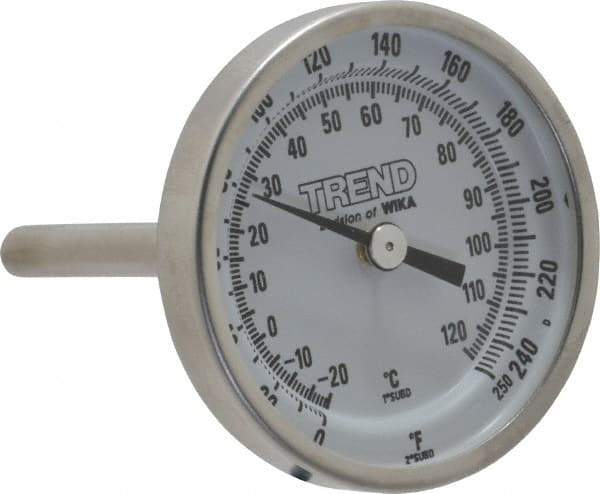 Wika - 2-1/2 Inch Long Stem, 2 Inch Dial Diameter, Stainless Steel, Back Connected Bi-Metal Thermometer - -20 to 120°C, 1% Accuracy - USA Tool & Supply