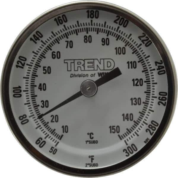 Wika - 2-1/2 Inch Long Stem, 2 Inch Dial Diameter, Stainless Steel, Back Connected Bi-Metal Thermometer - 10 to 150°C, 1% Accuracy - USA Tool & Supply