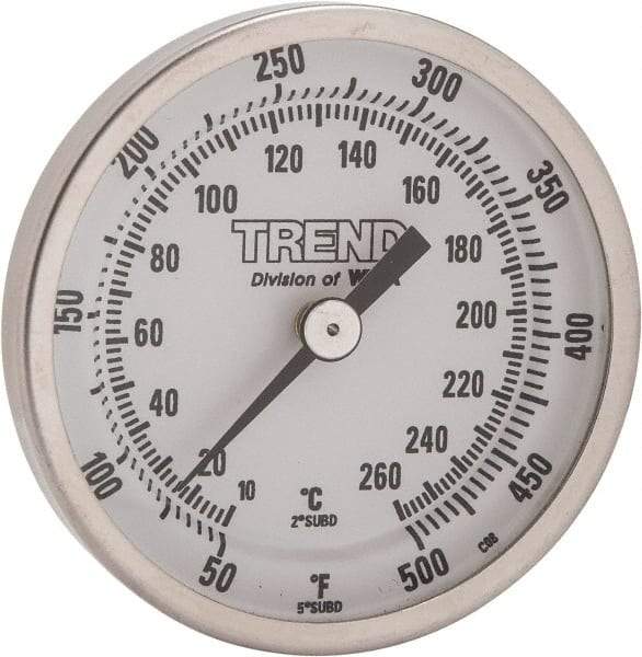 Wika - 2-1/2 Inch Long Stem, 2 Inch Dial Diameter, Stainless Steel, Back Connected Bi-Metal Thermometer - 10 to 260°C, 1% Accuracy - USA Tool & Supply