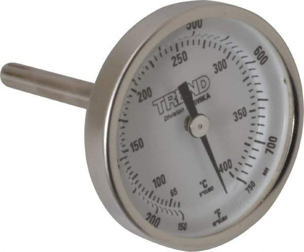 Wika - 2-1/2 Inch Long Stem, 2 Inch Dial Diameter, Stainless Steel, Back Connected Bi-Metal Thermometer - 65 to 400°C, 1% Accuracy - USA Tool & Supply