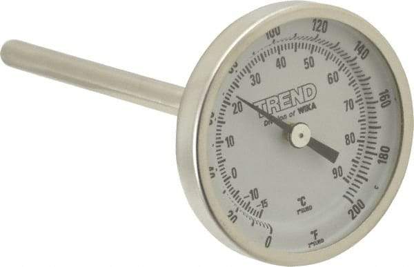 Wika - 4 Inch Long Stem, 2 Inch Dial Diameter, Stainless Steel, Back Connected Bi-Metal Thermometer - -15 to 90°C, 1% Accuracy - USA Tool & Supply