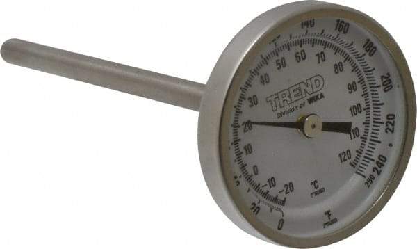 Wika - 4 Inch Long Stem, 2 Inch Dial Diameter, Stainless Steel, Back Connected Bi-Metal Thermometer - -20 to 120°C, 1% Accuracy - USA Tool & Supply
