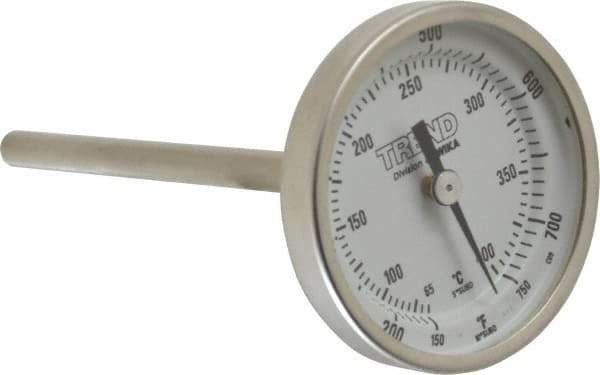 Wika - 4 Inch Long Stem, 2 Inch Dial Diameter, Stainless Steel, Back Connected Bi-Metal Thermometer - 65 to 400°C, 1% Accuracy - USA Tool & Supply