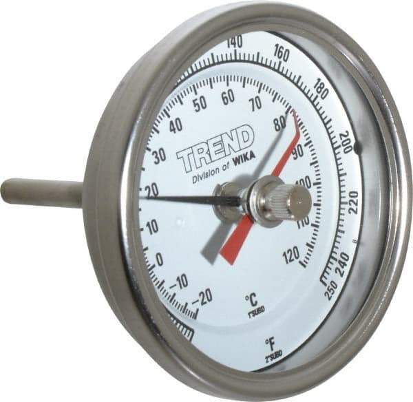 Wika - 2-1/2 Inch Long Stem, 3 Inch Dial Diameter, Stainless Steel, Back Connected Bi-Metal Thermometer - -20 to 120°C, 1% Accuracy - USA Tool & Supply