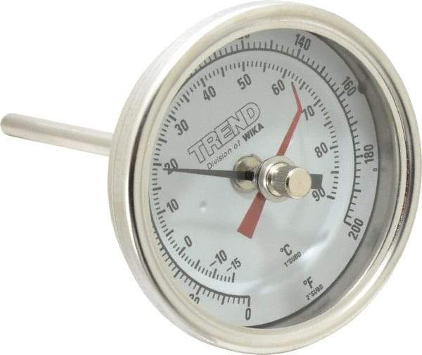 Wika - 4 Inch Long Stem, 3 Inch Dial Diameter, Stainless Steel, Back Connected Bi-Metal Thermometer - -15 to 90°C, 1% Accuracy - USA Tool & Supply
