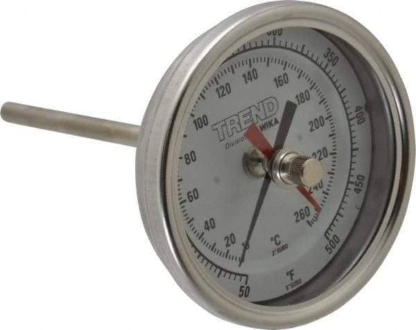 Wika - 4 Inch Long Stem, 3 Inch Dial Diameter, Stainless Steel, Back Connected Bi-Metal Thermometer - 10 to 260°C, 1% Accuracy - USA Tool & Supply