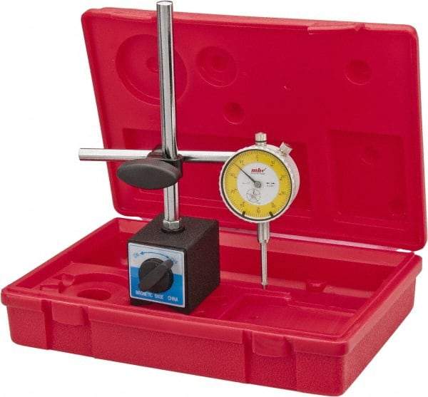 Value Collection - 0.001" Graduation, 0-100 Dial Reading, Dial Indicator & Base Kit - 55mm Base Length x 50mm Base Width x 63mm Base Height, 2-9/32" Dial Diam - USA Tool & Supply