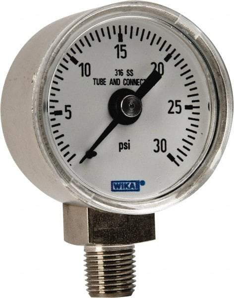 Wika - 1-1/2" Dial, 1/8 Thread, 0-30 Scale Range, Pressure Gauge - Lower Connection Mount, Accurate to 2.5% of Scale - USA Tool & Supply