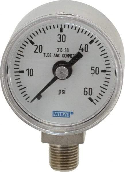 Wika - 1-1/2" Dial, 1/8 Thread, 0-60 Scale Range, Pressure Gauge - Lower Connection Mount, Accurate to 2.5% of Scale - USA Tool & Supply