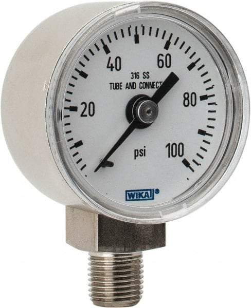 Wika - 1-1/2" Dial, 1/8 Thread, 0-100 Scale Range, Pressure Gauge - Lower Connection Mount, Accurate to 2.5% of Scale - USA Tool & Supply