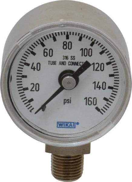Wika - 1-1/2" Dial, 1/8 Thread, 0-160 Scale Range, Pressure Gauge - Lower Connection Mount, Accurate to 2.5% of Scale - USA Tool & Supply