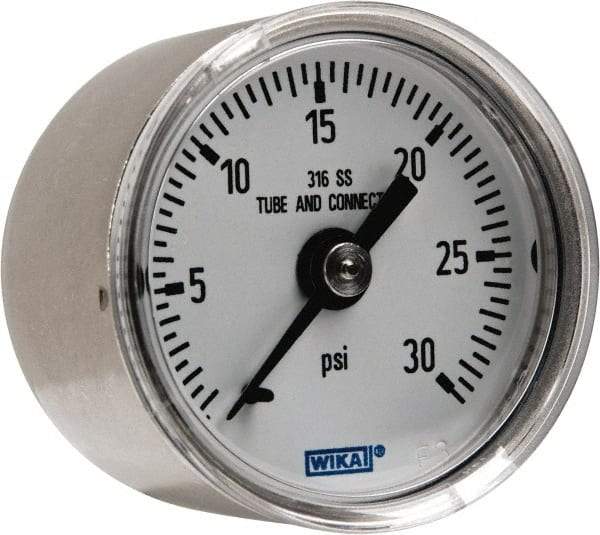 Wika - 1-1/2" Dial, 1/8 Thread, 0-30 Scale Range, Pressure Gauge - Center Back Connection Mount, Accurate to 2.5% of Scale - USA Tool & Supply