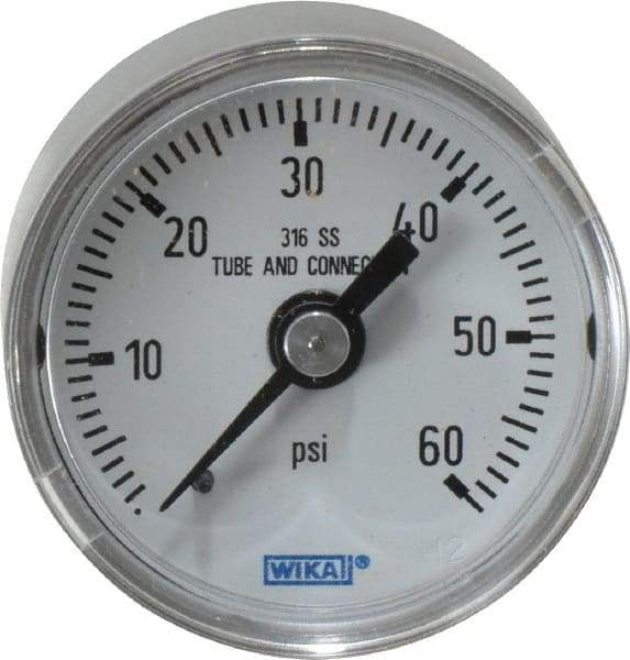 Wika - 1-1/2" Dial, 1/8 Thread, 0-60 Scale Range, Pressure Gauge - Center Back Connection Mount, Accurate to 2.5% of Scale - USA Tool & Supply