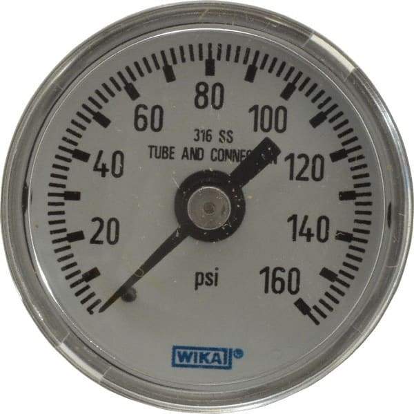 Wika - 1-1/2" Dial, 1/8 Thread, 0-160 Scale Range, Pressure Gauge - Center Back Connection Mount, Accurate to 2.5% of Scale - USA Tool & Supply