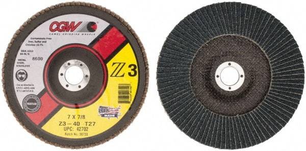 Camel Grinding Wheels - 40 Grit, 7" Disc Diam, 7/8" Center Hole, Type 27 Zirconia Alumina Flap Disc - 8,600 Max RPM, Poly Cotton Backing, Arbor Attaching System, Coated - USA Tool & Supply