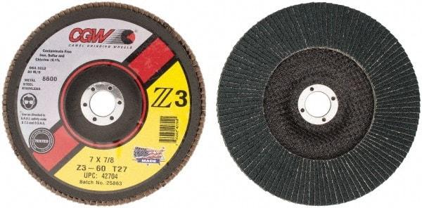 Camel Grinding Wheels - 60 Grit, 7" Disc Diam, 7/8" Center Hole, Type 27 Zirconia Alumina Flap Disc - 8,600 Max RPM, Poly Cotton Backing, Arbor Attaching System, Coated - USA Tool & Supply
