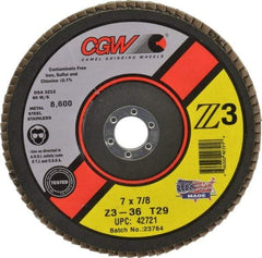 Camel Grinding Wheels - 36 Grit, 7" Disc Diam, 7/8" Center Hole, Type 29 Zirconia Alumina Flap Disc - 8,600 Max RPM, Poly Cotton Backing, Arbor Attaching System, Coated - USA Tool & Supply