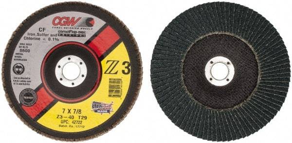 Camel Grinding Wheels - 40 Grit, 7" Disc Diam, 7/8" Center Hole, Type 29 Zirconia Alumina Flap Disc - 8,600 Max RPM, Poly Cotton Backing, Arbor Attaching System, Coated - USA Tool & Supply