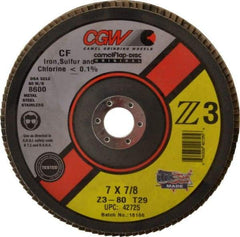 Camel Grinding Wheels - 80 Grit, 7" Disc Diam, 7/8" Center Hole, Type 29 Zirconia Alumina Flap Disc - 8,600 Max RPM, Poly Cotton Backing, Arbor Attaching System, Coated - USA Tool & Supply