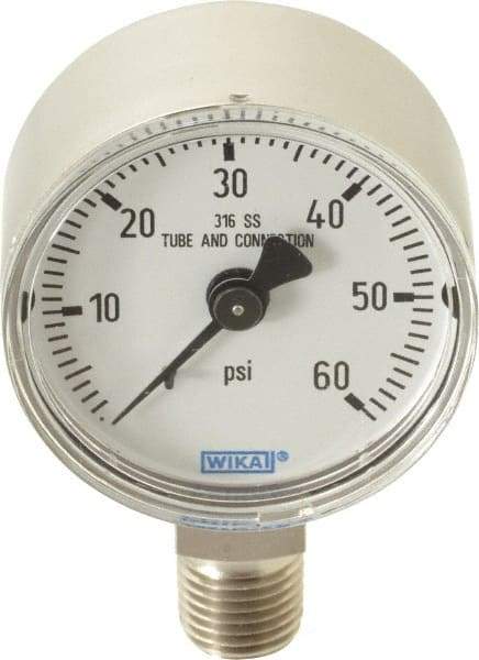 Wika - 2" Dial, 1/4 Thread, 0-60 Scale Range, Pressure Gauge - Lower Connection Mount, Accurate to 2.5% of Scale - USA Tool & Supply