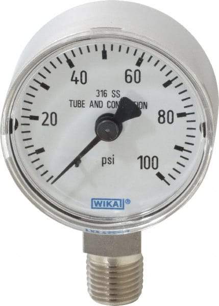 Wika - 2" Dial, 1/4 Thread, 0-100 Scale Range, Pressure Gauge - Lower Connection Mount, Accurate to 2.5% of Scale - USA Tool & Supply