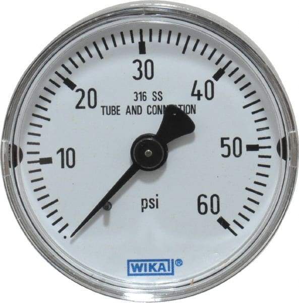 Wika - 2" Dial, 1/4 Thread, 0-60 Scale Range, Pressure Gauge - Center Back Connection Mount, Accurate to 2.5% of Scale - USA Tool & Supply