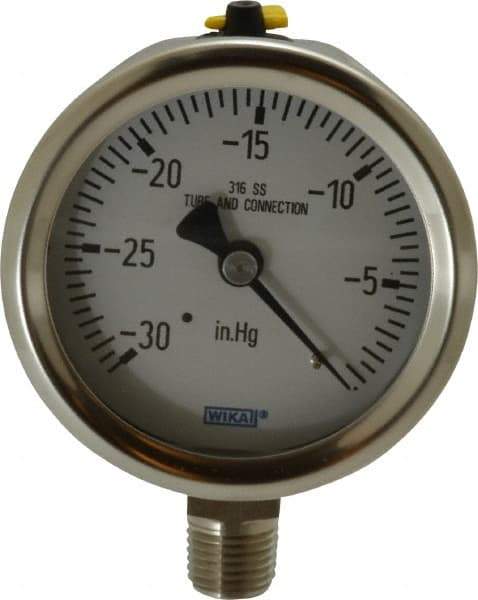 Wika - 2-1/2" Dial, 1/4 Thread, 30-0 Scale Range, Pressure Gauge - Lower Connection Mount, Accurate to 1.5% of Scale - USA Tool & Supply