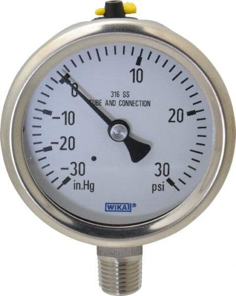 Wika - 2-1/2" Dial, 1/4 Thread, 30-0-30 Scale Range, Pressure Gauge - Lower Connection Mount, Accurate to 1.5% of Scale - USA Tool & Supply