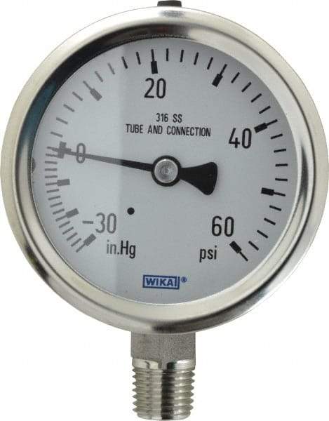 Wika - 2-1/2" Dial, 1/4 Thread, 30-0-60 Scale Range, Pressure Gauge - Lower Connection Mount, Accurate to 1.5% of Scale - USA Tool & Supply