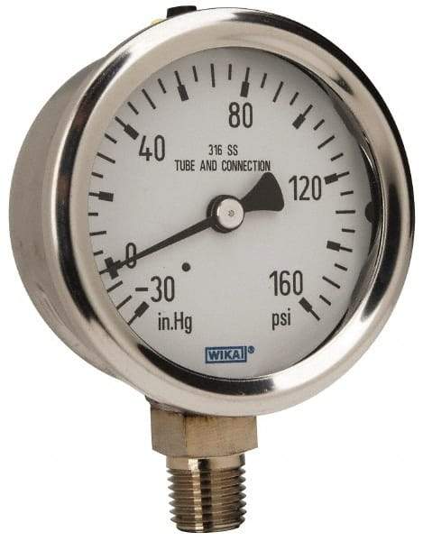 Wika - 2-1/2" Dial, 1/4 Thread, 30-0-160 Scale Range, Pressure Gauge - Lower Connection Mount, Accurate to 1.5% of Scale - USA Tool & Supply