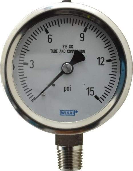 Wika - 2-1/2" Dial, 1/4 Thread, 0-15 Scale Range, Pressure Gauge - Lower Connection Mount, Accurate to 1.5% of Scale - USA Tool & Supply