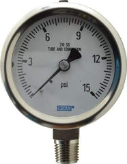 Wika - 2-1/2" Dial, 1/4 Thread, 0-15 Scale Range, Pressure Gauge - Lower Connection Mount, Accurate to 1.5% of Scale - USA Tool & Supply