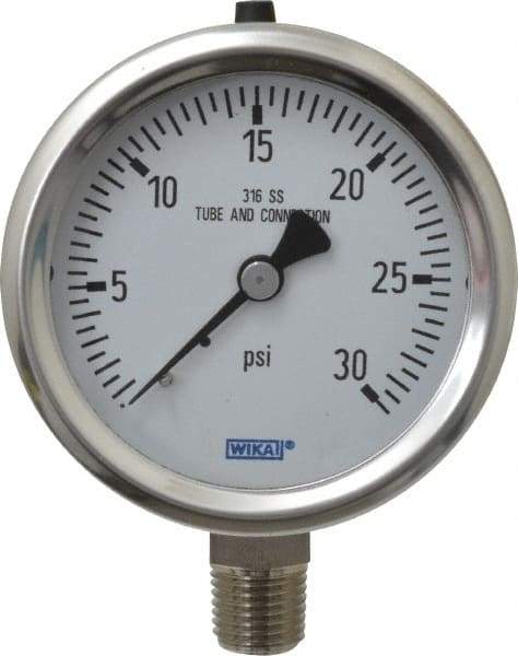 Wika - 2-1/2" Dial, 1/4 Thread, 0-30 Scale Range, Pressure Gauge - Lower Connection Mount, Accurate to 1.5% of Scale - USA Tool & Supply