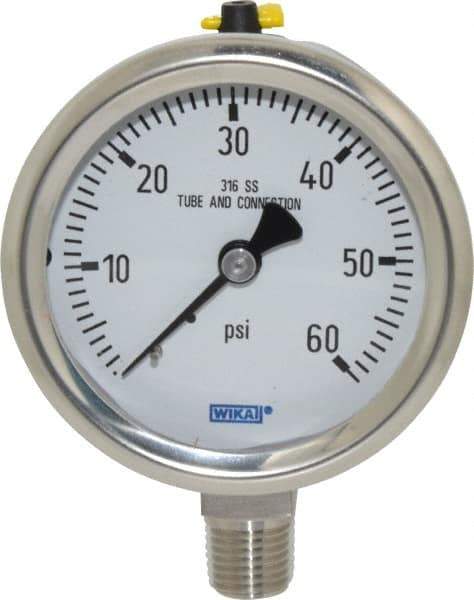 Wika - 2-1/2" Dial, 1/4 Thread, 0-60 Scale Range, Pressure Gauge - Lower Connection Mount, Accurate to 1.5% of Scale - USA Tool & Supply