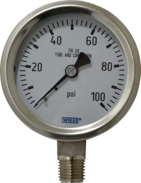Wika - 2-1/2" Dial, 1/4 Thread, 0-100 Scale Range, Pressure Gauge - Lower Connection Mount, Accurate to 1.5% of Scale - USA Tool & Supply