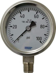 Wika - 2-1/2" Dial, 1/4 Thread, 0-100 Scale Range, Pressure Gauge - Lower Connection Mount, Accurate to 1.5% of Scale - USA Tool & Supply