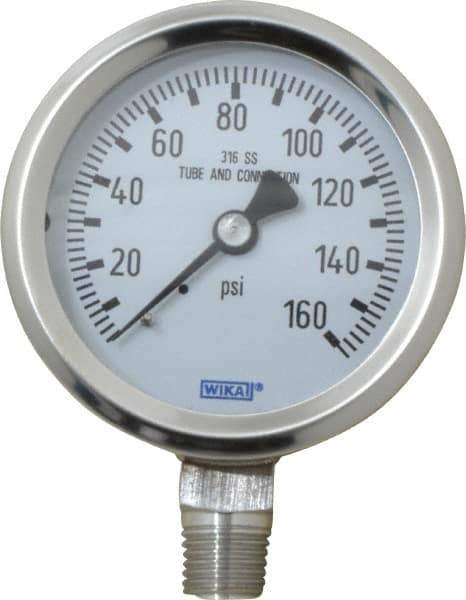 Wika - 2-1/2" Dial, 1/4 Thread, 0-160 Scale Range, Pressure Gauge - Lower Connection Mount, Accurate to 1.5% of Scale - USA Tool & Supply