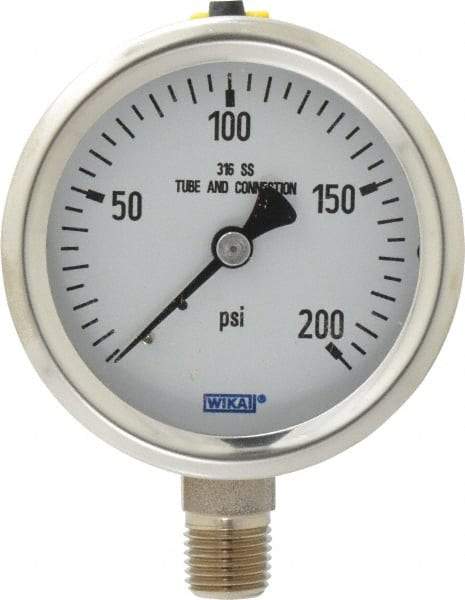 Wika - 2-1/2" Dial, 1/4 Thread, 0-200 Scale Range, Pressure Gauge - Lower Connection Mount, Accurate to 1.5% of Scale - USA Tool & Supply