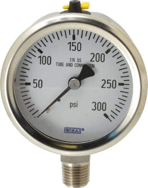 Wika - 2-1/2" Dial, 1/4 Thread, 0-300 Scale Range, Pressure Gauge - Lower Connection Mount, Accurate to 1.5% of Scale - USA Tool & Supply