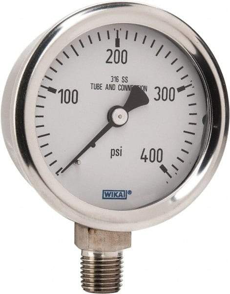 Wika - 2-1/2" Dial, 1/4 Thread, 0-400 Scale Range, Pressure Gauge - Lower Connection Mount, Accurate to 1.5% of Scale - USA Tool & Supply